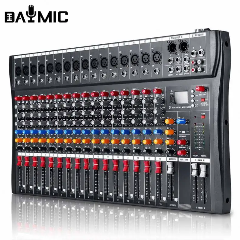 En gros 6/8/12/16 canaux mélangeur Audio professionnel USB DJ Console de mixage sonore 48V puissances fantômes moniteur amplificateur mélangeur