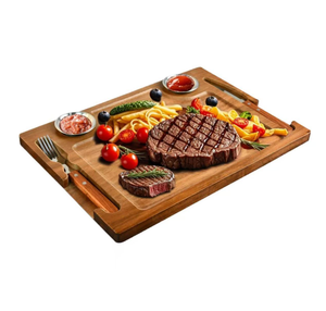 Ensemble de planches à steak en bois d'acacia, plateau de service carré en bois avec fentes pour couteau et fourchette, rainure pour jus, pour steak et barbecue, vente en gros, personnalisable - Product Image 3