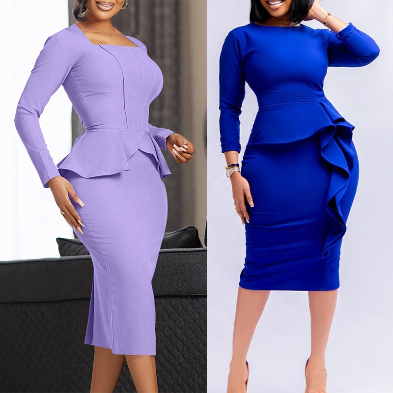 Womens Peplum Career Dresses Slim Ruffle Official Church Outfits Pleated Formal Gown Business Party Wear Sheath Dress