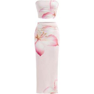 FOXA Girl's Strapless Chiffon 2-Piece <b>Set</b> Floral Crop Top & Bodycon Maxi Skirt Breathable Summer Outfit - Product Image 1
