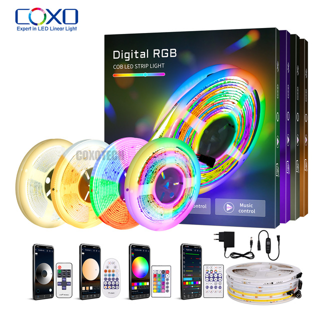 Smart COB LED Strip Light Kits with App Remote Tuya 5m 5 Meters RGB RGBIC Addressable CCT Digital Color Control LED Strip Kits