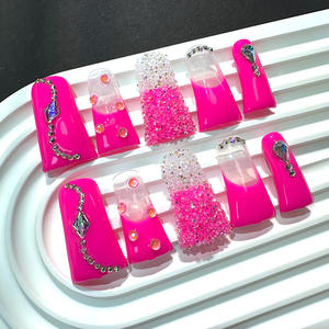 Lot de 10 faux ongles longs en forme de cercueil, <span class=keywords><strong>rose</strong></span> néon, français, diamant, acrylique, à presser, faits à la main, réutilisables, ensemble personnalisé, couverture complète des doigts - Product Image 4