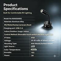 Lampe de lecture RV 2W LED à col de cygne, murale, tactile, à intensité variable en continu 4000K avec veilleuse bleue, ports USB-C et USB-A, 10-30V DC