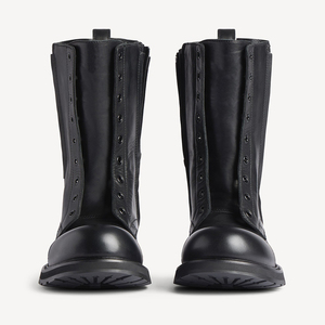 <span class=keywords><strong>Bottines</strong></span> sculpturales à bout rond pour femmes, talon bloc bas, double fermeture éclair latérale, mi-mollet, en microfibre, style motard, vente en gros OEM ODM - Product Image 4