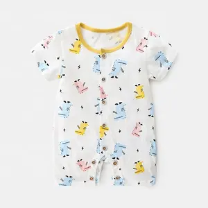 Macacão infantil de animais estampado, pijama de manga curta 100% algodão para bebês, branco e rosa