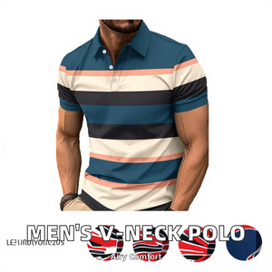 Camiseta Casual para Hombre, Cuello en V, con Botones, Transpirable, de Tela No Tejida, con Parches, Manga Corta, Poliéster/Algodón, para Negocios - Product Image 2