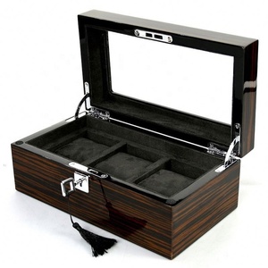 Boîte de rangement de luxe en bois pour montres avec serrure à clé, vitrine à montres avec couvercle en verre, finition ébène, boîte de rangement pour montres pour hommes et femmes - Product Image 2
