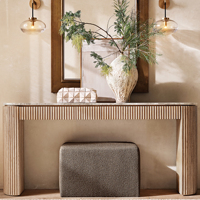Console rectangulaire en marbre naturel chêne premium avec tiroirs, meuble d'entrée moderne à façade cannelée et double pieds, style artisanal