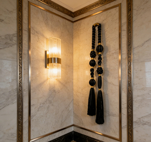 Décoration murale en macramé style Caralarga, noir et or, avec nœuds et pompons, pour la maison, le salon ou un mariage - Product Image 1