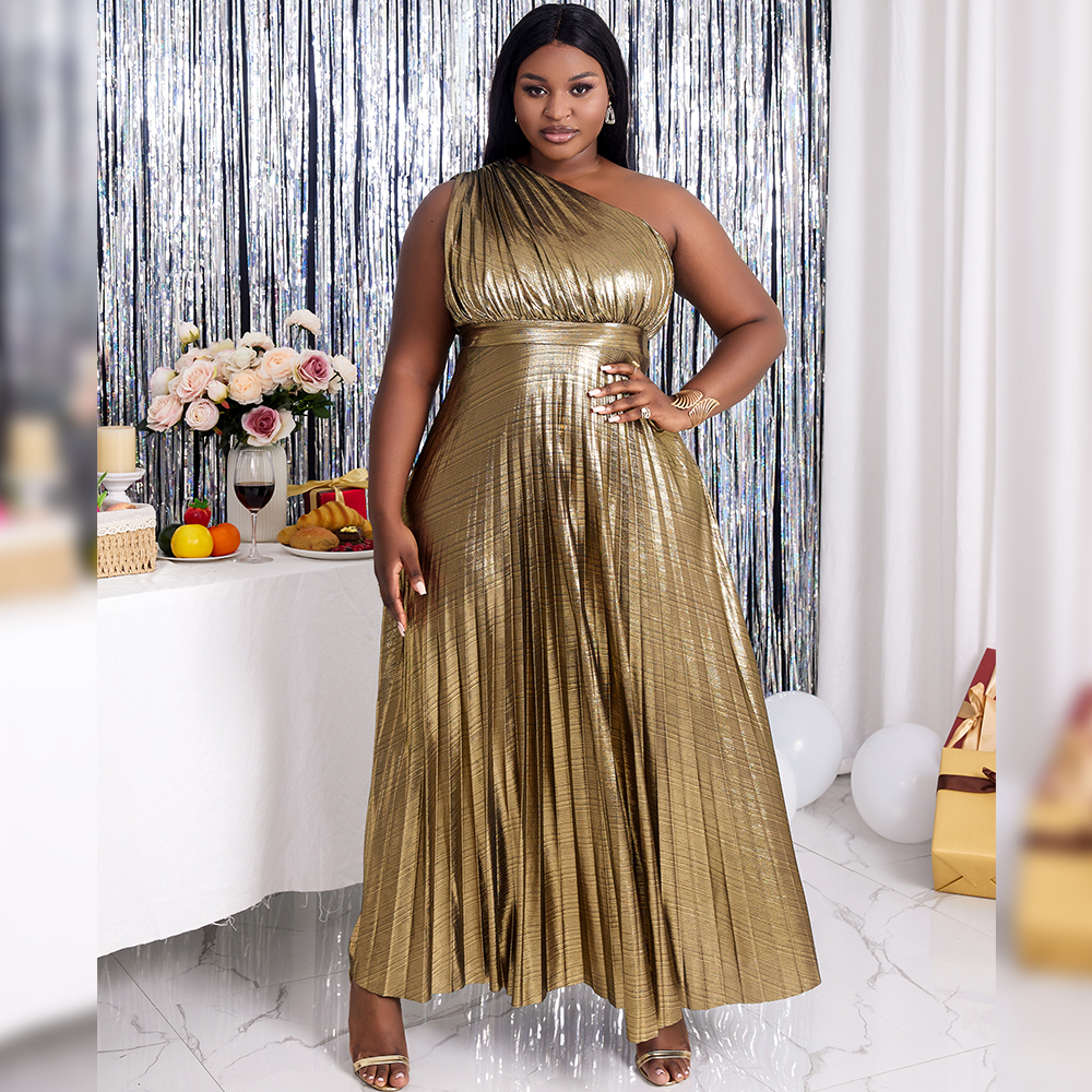 Women's Elegant One Shoulder Maxi Gold Pleated Glitter Cocktail Dress  Crocheted for Summer| Alibaba.com
