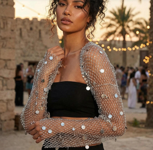Haut court en <span class=keywords><strong>maille</strong></span> scintillant à strass pour <span class=keywords><strong>femme</strong></span>, idéal pour la plage, les festivals et les soirées - Product Image 3