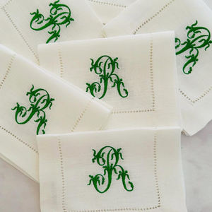 Servilletas de Cóctel de Lino 100% Puro de Alta Calidad PMZW, Hechas a Mano, Rectangulares, con Dobladillo y Bordado de Alfabeto - Product Image 1