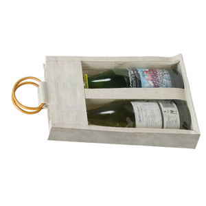 Bolsa para DOS botellas de vino con ventana, asa de palma, tela de yute teñida, PVC con efecto acuarela, diseño geométrico vintage, unisex, abierta, 1000 unidades - Product Image 2