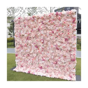 S0527 Popular Luxury Silk Rose Wedding Decoration Roll Up Fabric Artificial Flowers Pink Cloth Curtain Panels Flower Wall