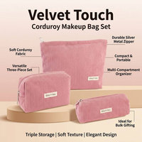 Lot de 3 trousses de maquillage roses en velours côtelé, personnalisables avec logo, pochettes de voyage pour cosmétiques, sacs de beauté, organiseurs de toilette à fermeture éclair