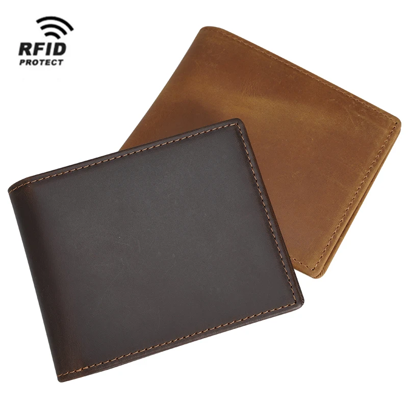 Men Short Wallet Custom Brown Full Grain Genuine Leather Short Wallet Men Crazy Horse Anti Rfid Blocking Pure Leather Bifold Wallet For Man