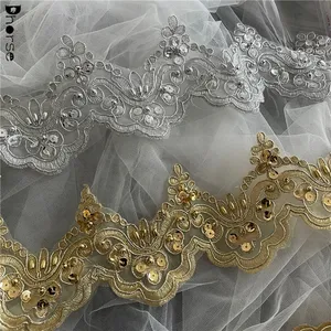 Custom diy knitted crocheted gold bridal white polyester embroidery silver lace trim with beaded and sequins