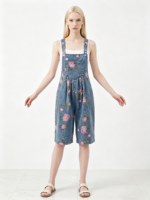 Combinaison en jean à imprimé floral pour femme, salopette vintage sans manches, taille haute, jambe large, style décontracté streetwear, combishort en jean 2026