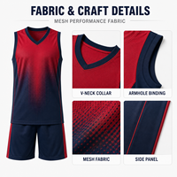 Uniforme de basket-ball pour hommes personnalisé, dégradé rouge marine, ensemble de maillots respirants à col en V pour les compétitions de basket-ball de ligue