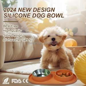 Silicone Mat Spill-Proof Double <span class=keywords><strong>Dog</strong></span> Cat Tigelas Elegante <span class=keywords><strong>Plastic</strong></span> Pet <span class=keywords><strong>Bowl</strong></span> com Aço Inoxidável Durável Alimentador Lento Série Basics - Product Image 2