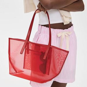 Bolso Tote de Malla Roja Reutilizable Personalizado Keymay para Mujer, Bolso de Playa de Hombro Único Portátil para Viajes de Verano con Cierre Magnético de Cuero - Product Image 5