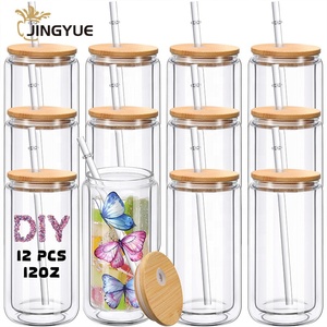 12 Oz Biểu Tượng Tùy Chỉnh Thăng Hoa Trống Thủy Tinh Borosilicate Bia Soda Đôi Tường Có Thể Uống Cốc Cà Phê Với Nắp Tre Và Rơm - Product Image 5