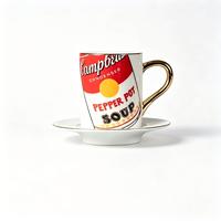 Ensemble tasse et soucoupe à espresso Campbell's Soup Can, 90 ml, réutilisable, vintage, Andy Warhol Pop Art, poignée dorée, céramique écologique