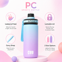 Bouteille d'eau sport PC dégradée en gros avec sangle de transport, légère, anti-fuite, pour la gym, le fitness, les activités de plein air et les voyages