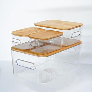 OEM Wholesale Injection-Molded Clear Rectangle Plastic <b>Storage</b> <b>Box</b> Bamboo Lid Durable Transparent High Load Capacity Office <b>Bins</b> - Product Image 1