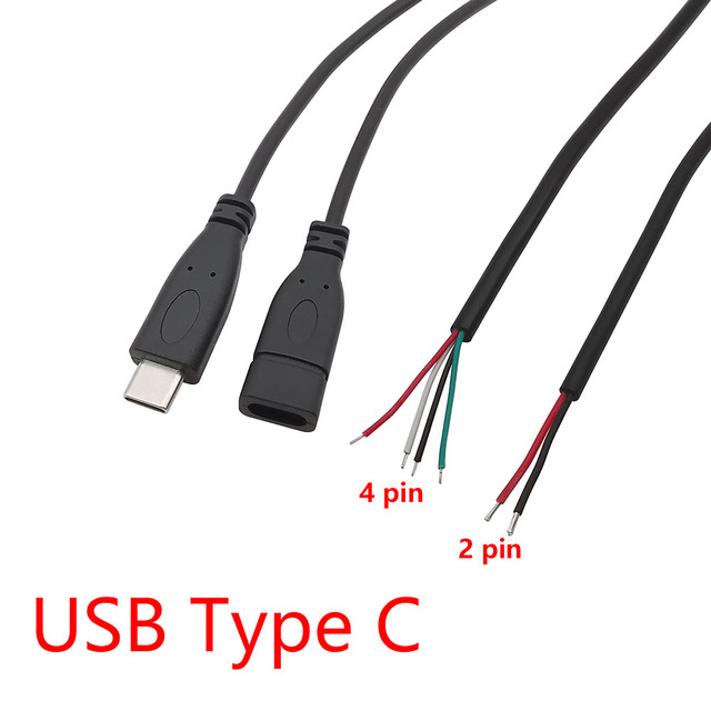 USB Type C Male Female Power Supply Cable 0.3M 1M 2M Charge Connector DIY Repair Adapter 2Pin 4Pin Welding Consumer Electronics