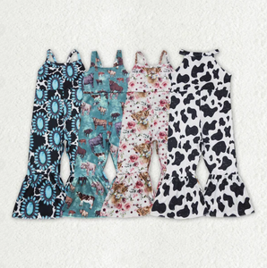 Mono vaquero para niñas al por mayor con estampado de vaca y campanas en las piernas - Product Image 1