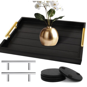 Modern Black Wooden <b>Tray</b> With <b>Gold</b> Handles Rectangle Decorative <b>Serving</b> <b>Tray</b> For Coffee Table Desktop Storage Organizer - Product Image 1