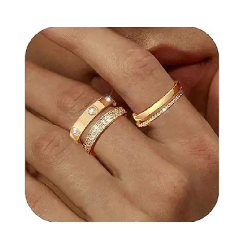 Brass Stone Two Tone Band Bulk Unique Promise Stackable Woman Non Tanish Fade Wedding Rings Set 18K Gold For Women Ladies Couple