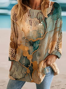 Suéter de punto con estampado abstracto para <span class=keywords><strong>mujer</strong></span> 2026, suéter de malla pointelle extragrande con arte fluido, 100% poliéster, jersey con diseño topográfico narrativo - Product Image 3