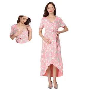 V Neck Big size Floral Maternity Dress Soft Rayon Stretch Maternity Clothes Breastfeeding Nursing Wrap Dress Stock Wholesale