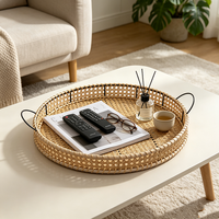 Panier de rangement rond en rotin naturel tressé à la main avec poignée pour fruits et dim sum, plateau de rangement pour bureau