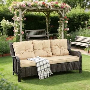 71.8" Outdoor 3-Seat Rattan 4" Thick Beige <strong>Cushions</strong> All-Weather PE Wicker Outdoor Sofa with Steel Frame for Backyard - Product Image 1