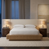 Juego de Cama Minimalista de Roble Acanalado y Mesitas de Noche Redondas, Cabecero Tapizado de Lujo, para Dormitorio de Villa de Alta Gama, Personalizado