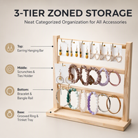 Présentoir à bijoux en bois de pin naturel, support à accessoires pour boucles d'oreilles à 3 niveaux avec crochets en laiton pour présentation en magasin ou sur coiffeuse