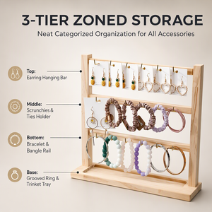 Présentoir à bijoux en bois de pin naturel, support à accessoires pour boucles d'oreilles à 3 niveaux avec crochets en laiton pour présentation en magasin ou sur coiffeuse - Product Image 4