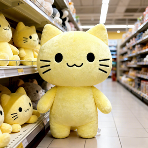 Mignon jaune super doux chat en peluche grands yeux noirs bouche souriante moustaches noires. Les membres courts le rendent très câlin pour jouet - Product Image 1