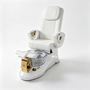 Fauteuil de pédicure électrique inclinable blanc de luxe pour salon de manucure et spa, avec bassin à pieds en verre et décoration dorée - Product Image 6