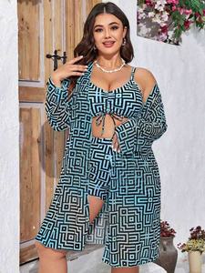 4Colors Plus Size Swimwear Women 3Pieces Swimsuit Boyleg Short Bikini Set Long Sleeve <strong>Kimono</strong> Two Pieces Bathing Suit L-5XL - Product Image 4