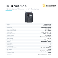 Variateur de fréquence FR-D740-1.5K série D700 1,5 kW 2 CV Triphasé 380-480 V 3,6 A Modbus RTU intégré STO IP20 pour moteur à induction
