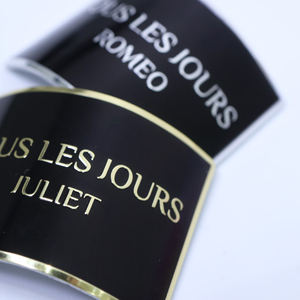 Pressed Arc Metal Perfume Sticker Custom Durable <strong>Aluminum</strong> Emblem Logo Shaped Packaging <strong>Labels</strong> - Product Image 3