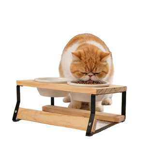 Gamelle pour animaux de compagnie en bois avec structure en bois massif, double gamelle en céramique pour nourriture et eau, gamelle pour chat protégeant le cou, anti-renversement en bois - Product Image 5