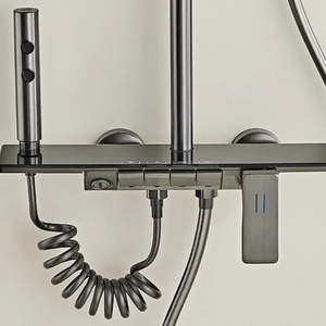 Ensemble de douche thermostatique gris anthracite moderne avec commande à touches piano, système de pluie mural, <span class=keywords><strong>douchette</strong></span> à main et pulvérisateur de <span class=keywords><strong>bidet</strong></span> - Product Image 4