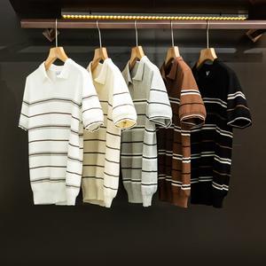 Polo de verano de alta calidad para hombre, tela de seda helada a rayas a la moda, secado rápido, cuello en V, manga corta, antibolitas - Product Image 1