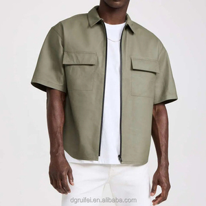 Modern Custom logo Short Sleeve Drop Shoulder Chest Pockets Hip Hop Men <strong>Cowboys</strong> Plus Size Shirts Zip up Plain Faux Leather Shirt - Product Image 6