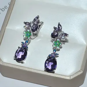 豪华女性紫色水滴锆石耳环复古花朵叶子银色长耳环妇女珠宝礼物